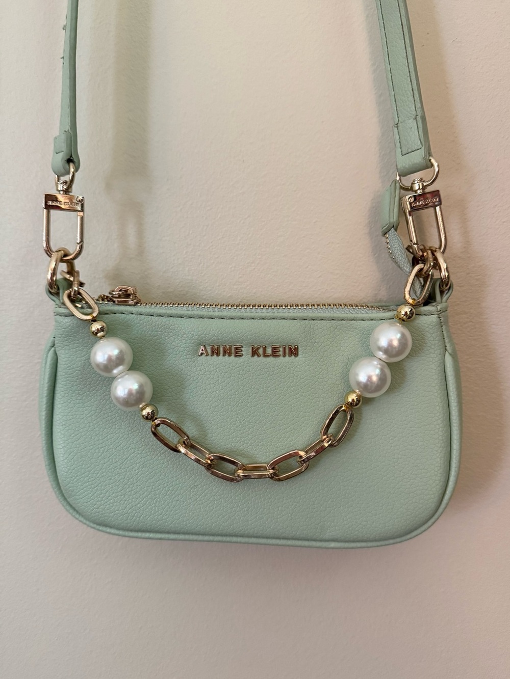 Anne Klein Mint Green Mini Crossbody Bag Pearl & Gold Chain Accent